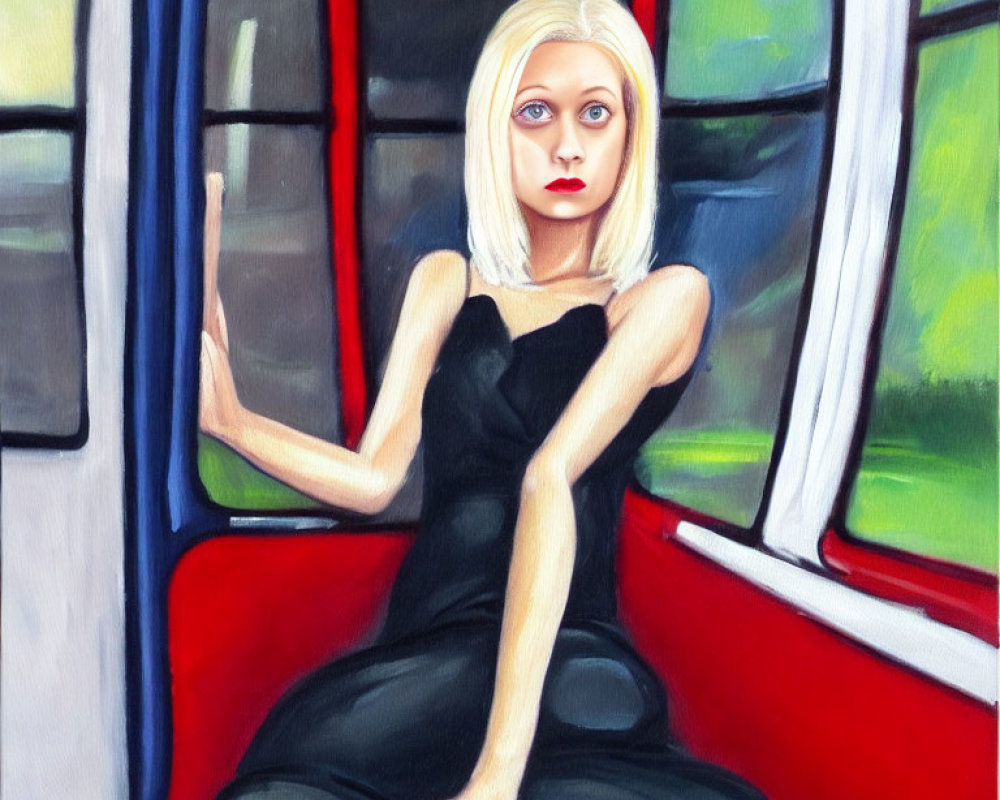 Stylized painting of woman in black dress on red train.