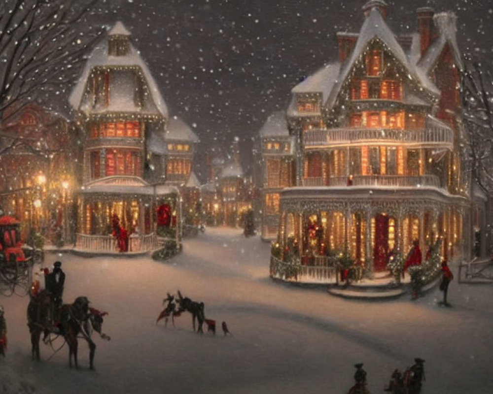 Victorian-style houses with Christmas lights in snowy night scene