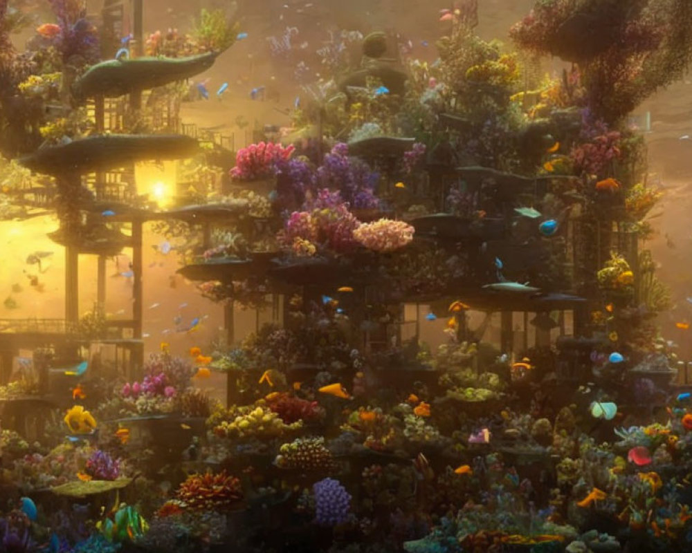 Colorful Coral Formations and Fish in Golden-Lit Underwater Scene