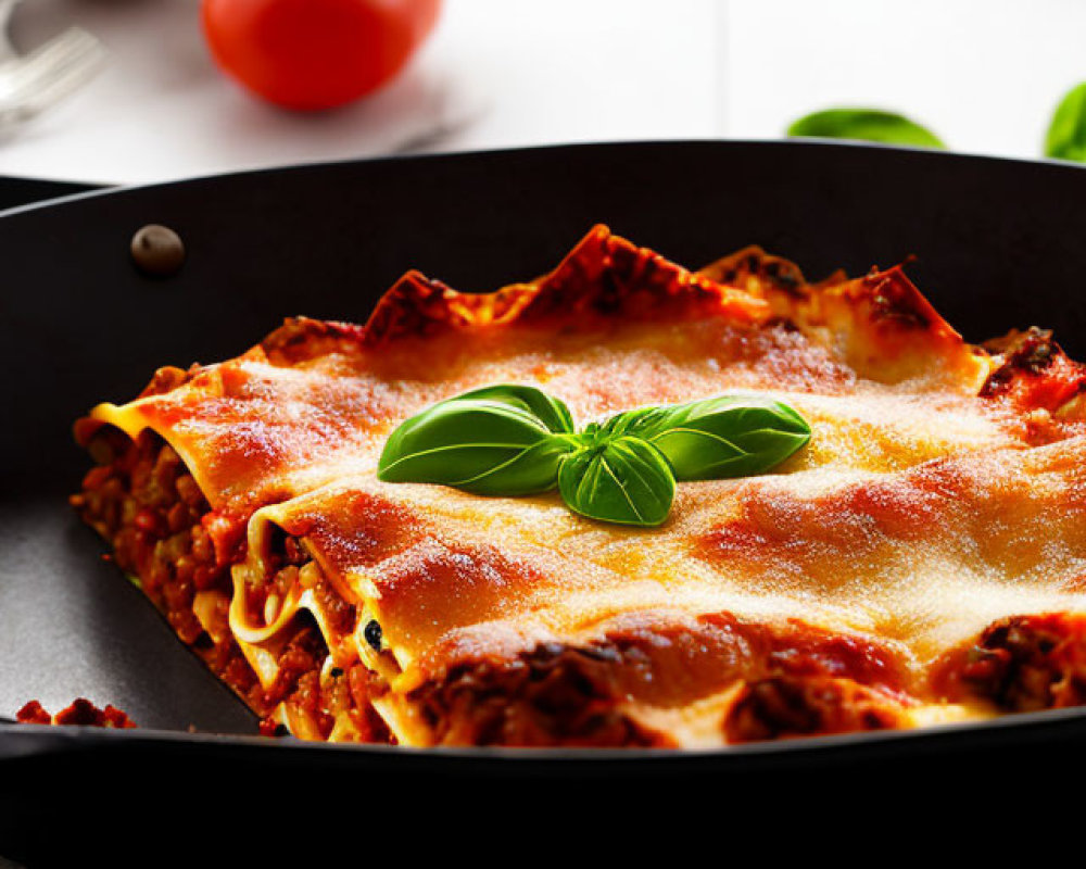 Baked lasagna with molten cheese, basil leaf, white wine, and fresh tomatoes