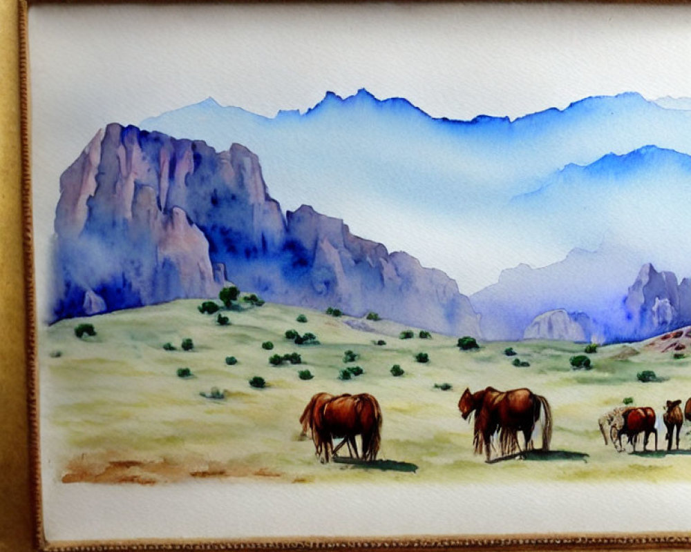 Framed Watercolor Painting: Horses Grazing in Meadow with Misty Blue Mountains