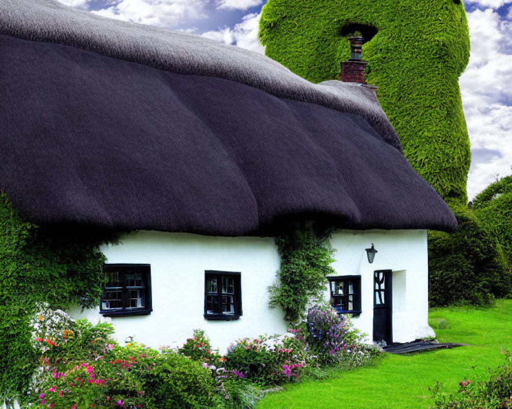 Thatched Roof White Cottage Surrounded by Greenery