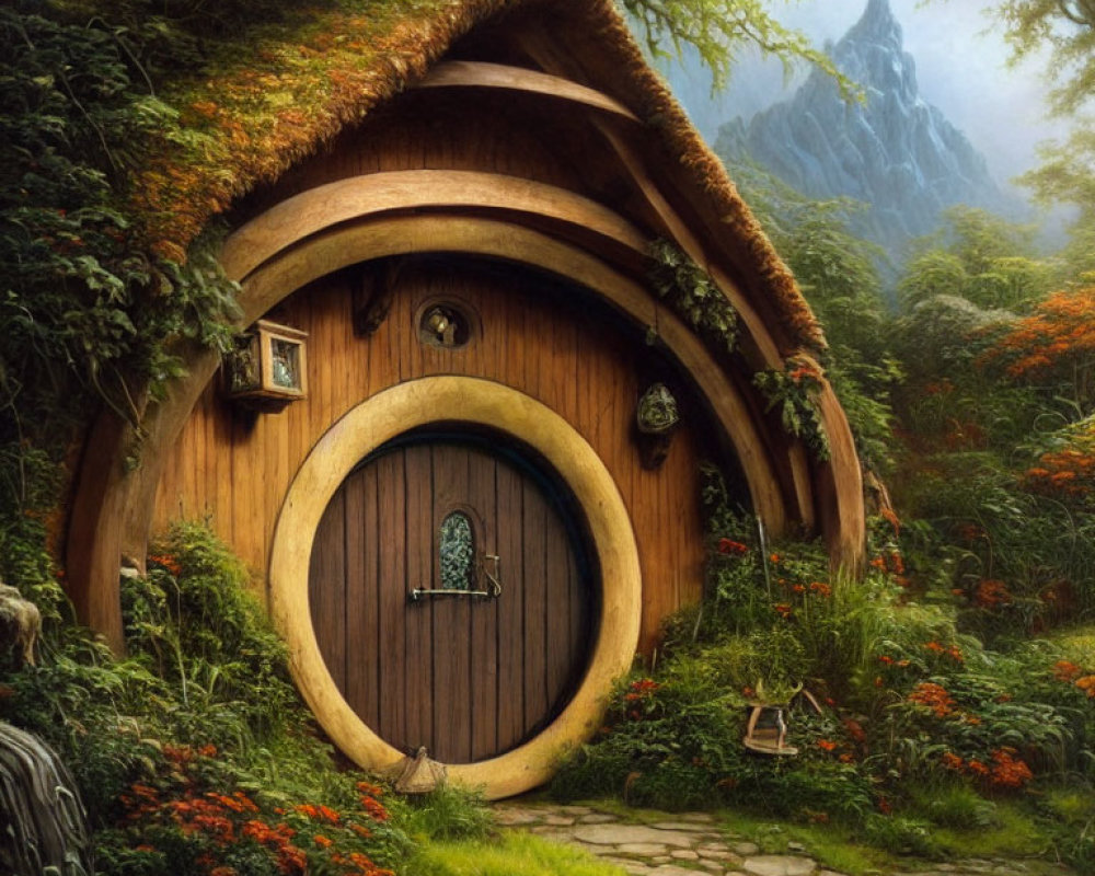 Round wooden door in hobbit-style house with thatched roof, surrounded by lush forest foliage