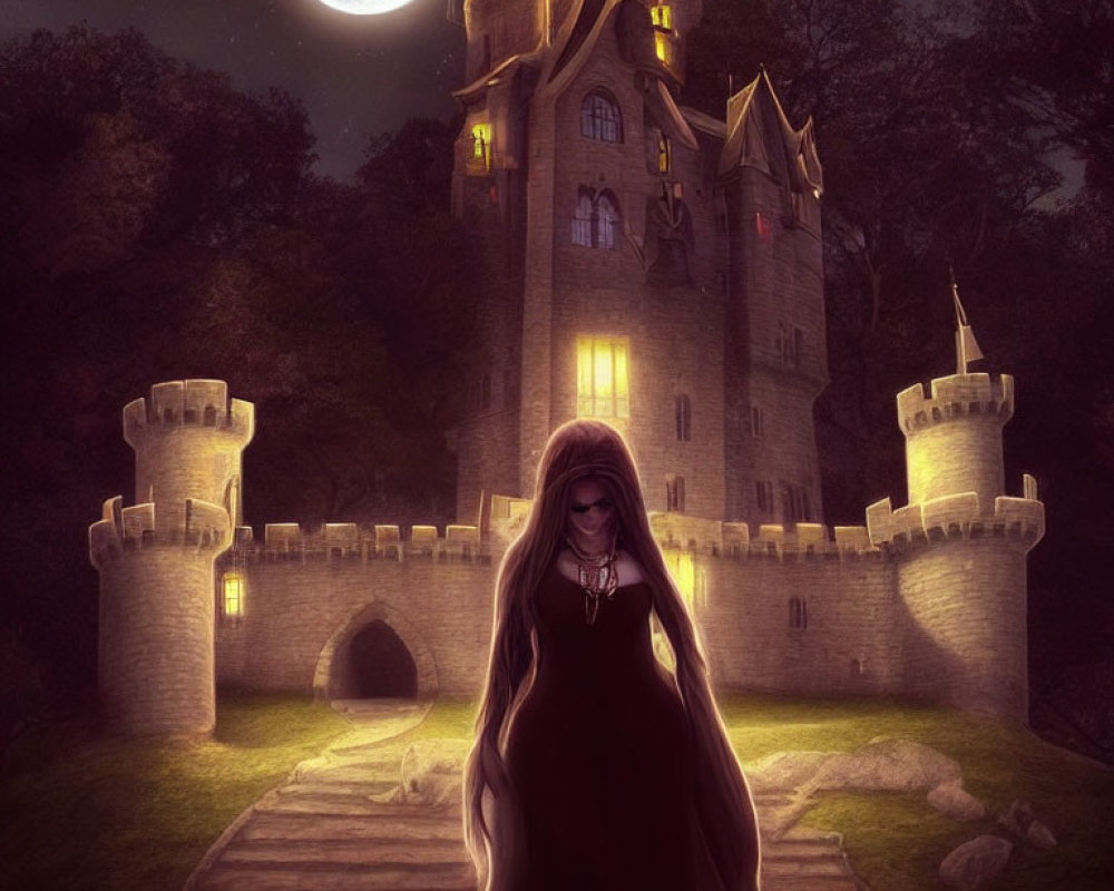 Mysterious Figure with Long Hair and Cape at Illuminated Castle