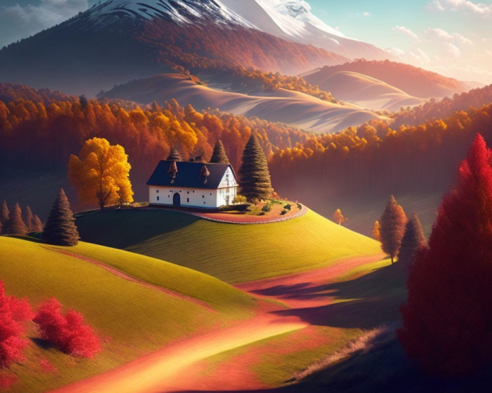 Autumn landscape with lone house, hills, mountains, and vibrant trees