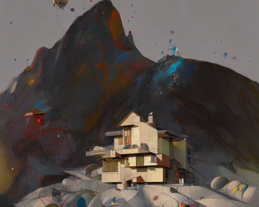 Cubist-inspired house in rocky landscape with balloon under gray sky
