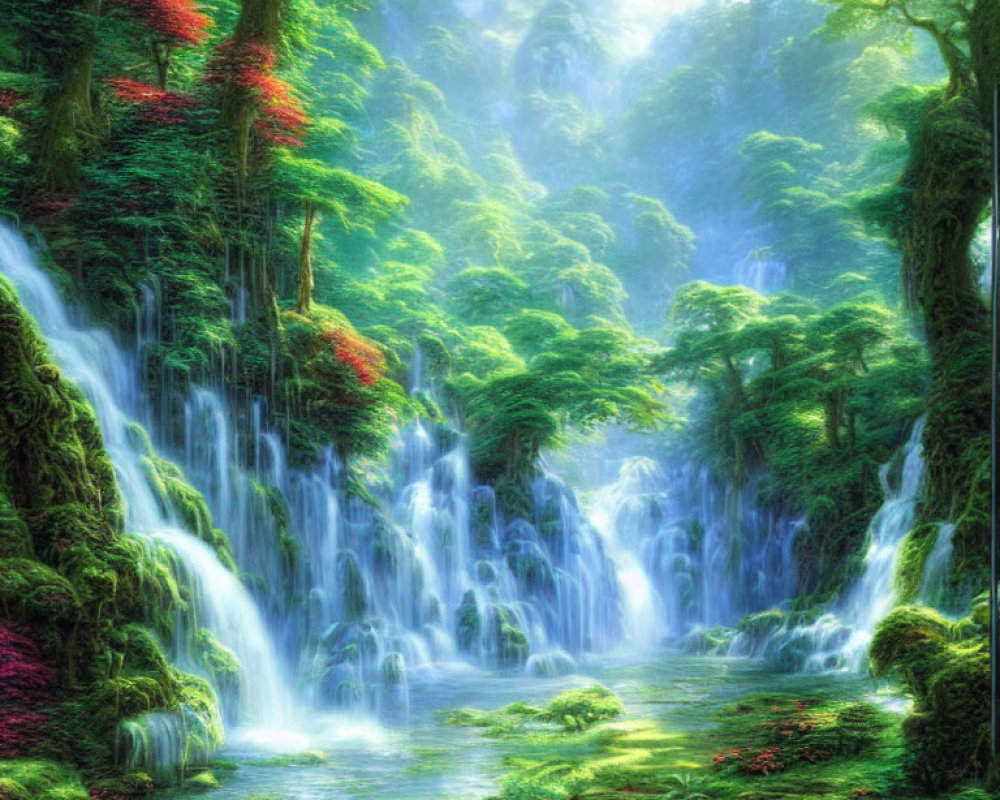 Lush fantasy forest with multiple waterfalls and sunlight filtering through mist