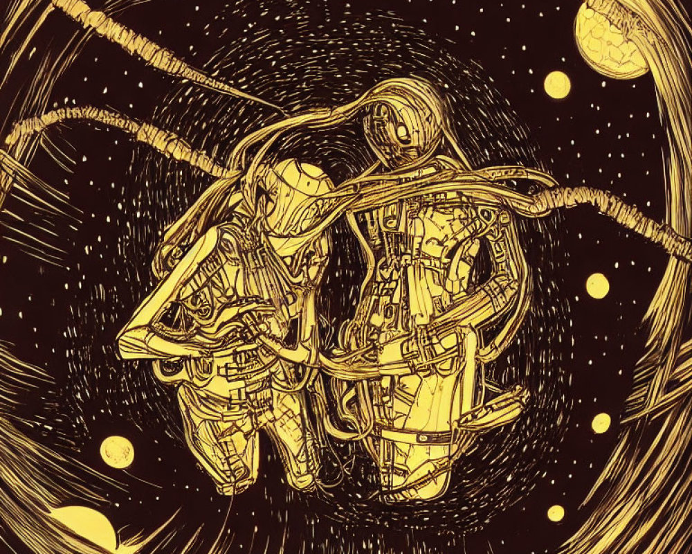 Astronauts floating in space with stars and planets in monochrome sketch art