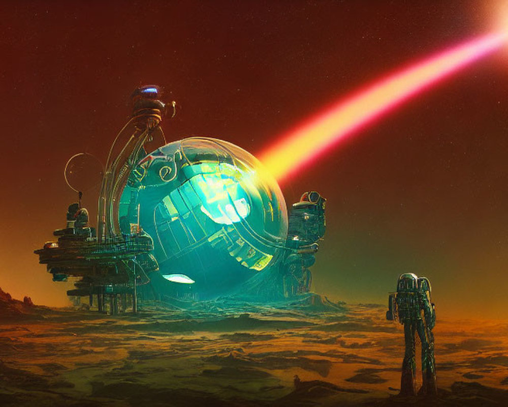 Futuristic spherical structure emitting pink beam on alien desert world