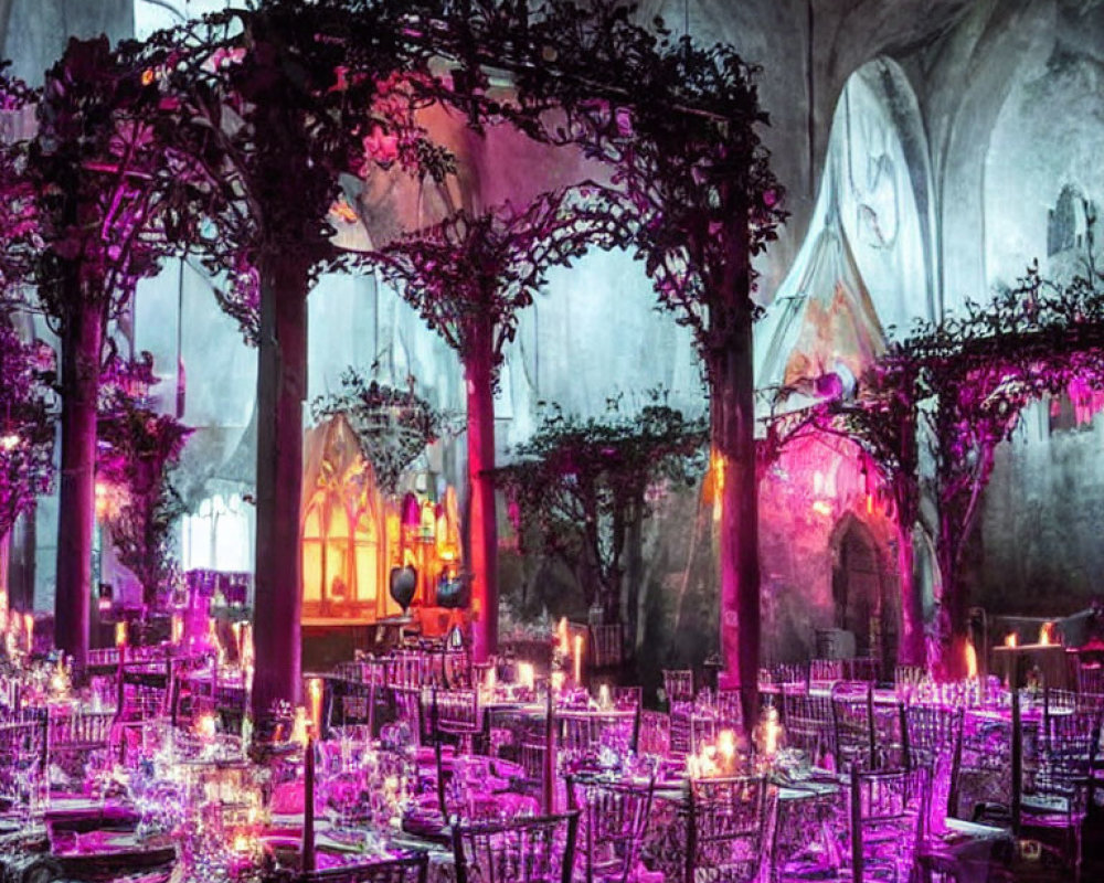 Mystical banquet setup with purple lighting, candles, and ivy-covered arches