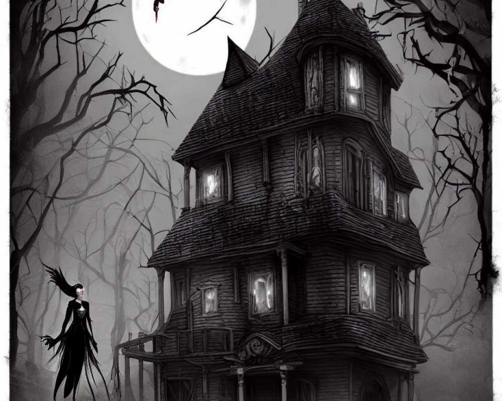 Gothic black and white image of haunting Victorian house, full moon, mysterious woman, bare trees