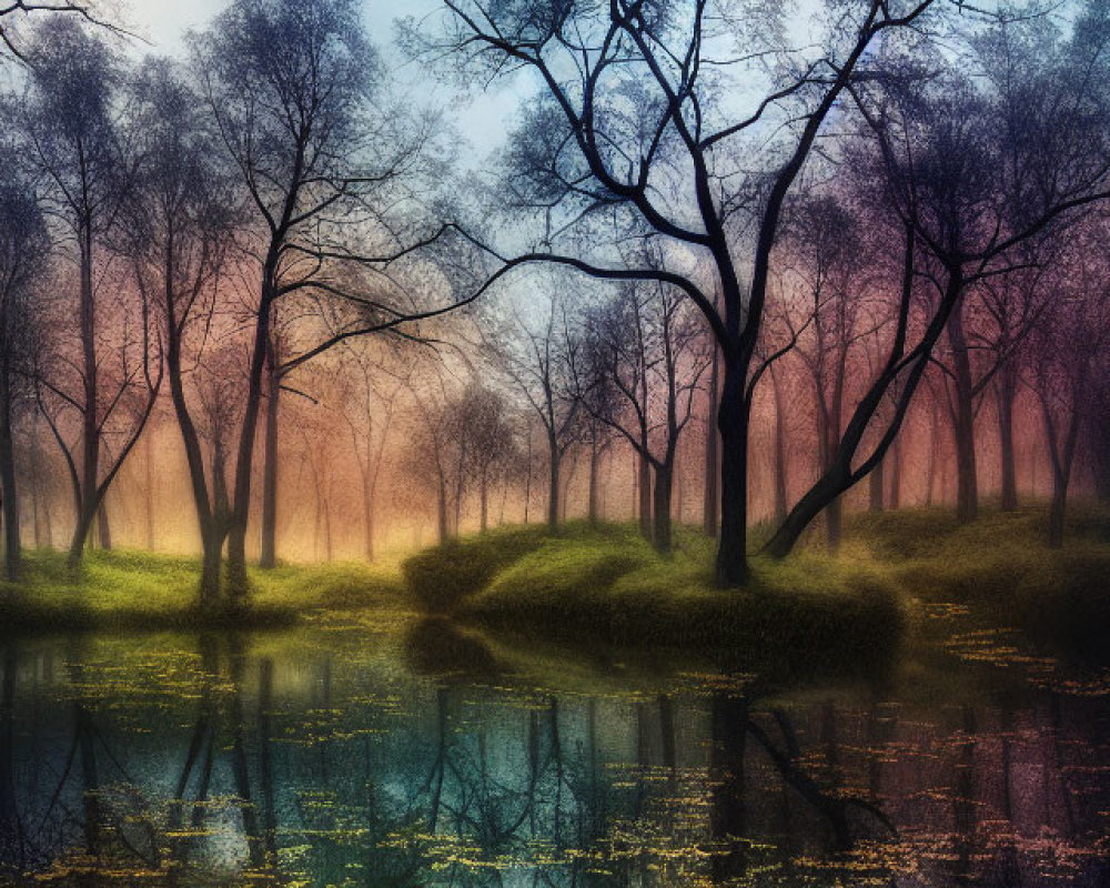 Colorful Lighting in Misty Forest Reflecting in Serene Pond