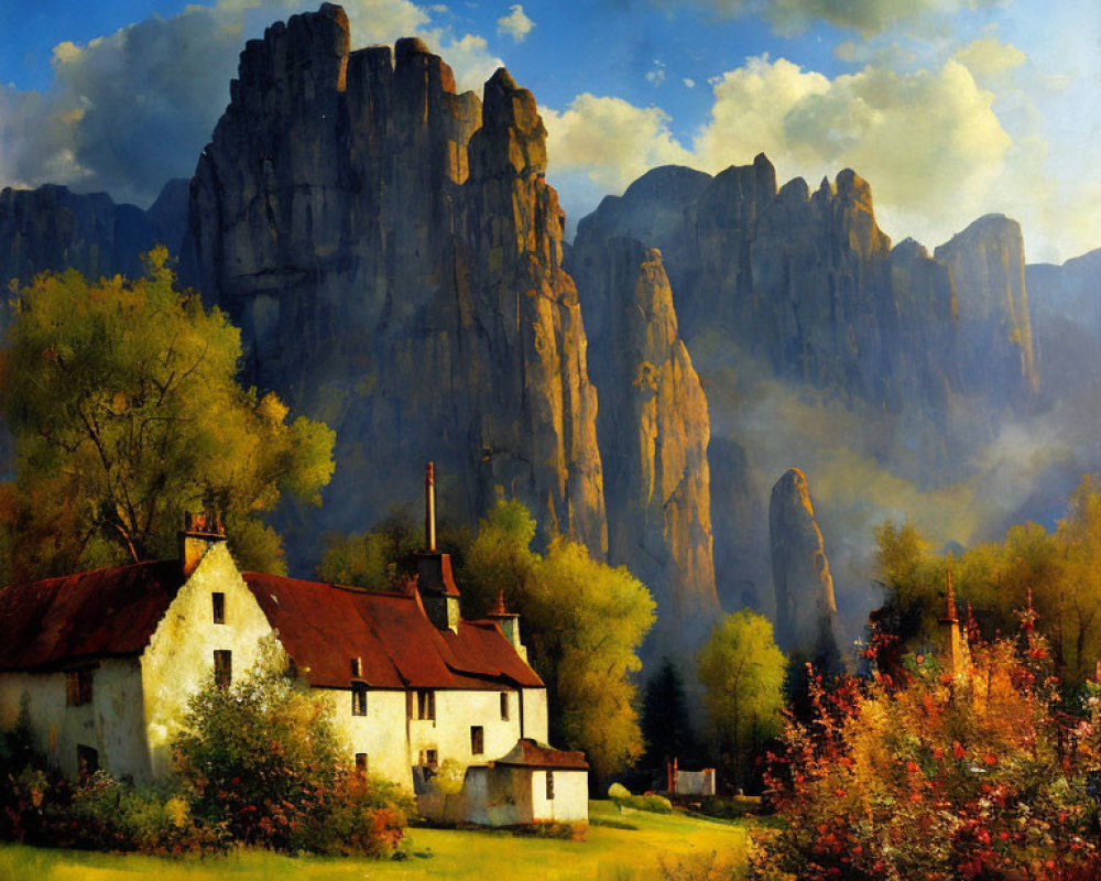 Scenic painting of cottage, trees, cliffs, and sky
