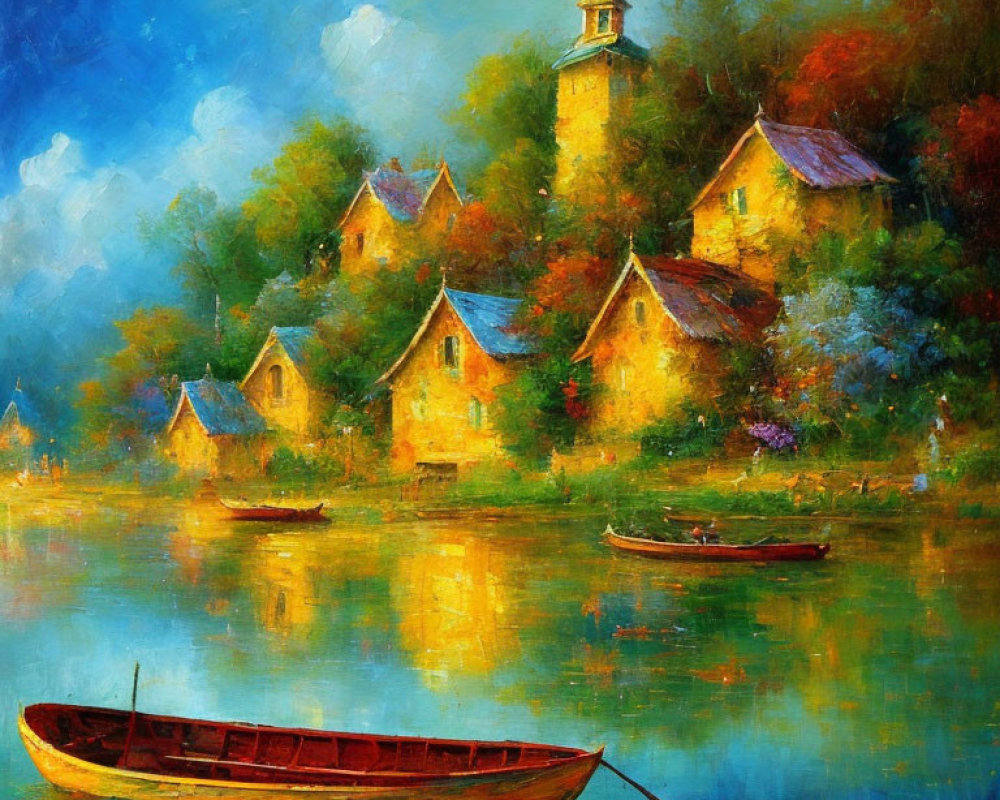 Serene lakeside village oil painting with cottages, church spire, boats, and luminous
