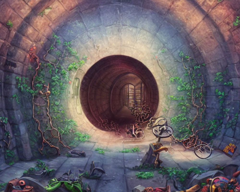 Illustrated tunnel with ivy-covered walls, circular opening, debris, and mysterious light.