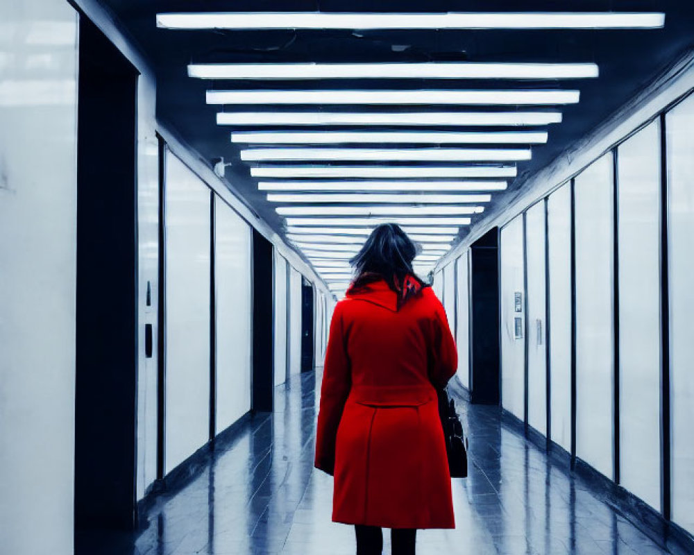 Person in Red Coat Walking in Modern Hallway with Bright Lights