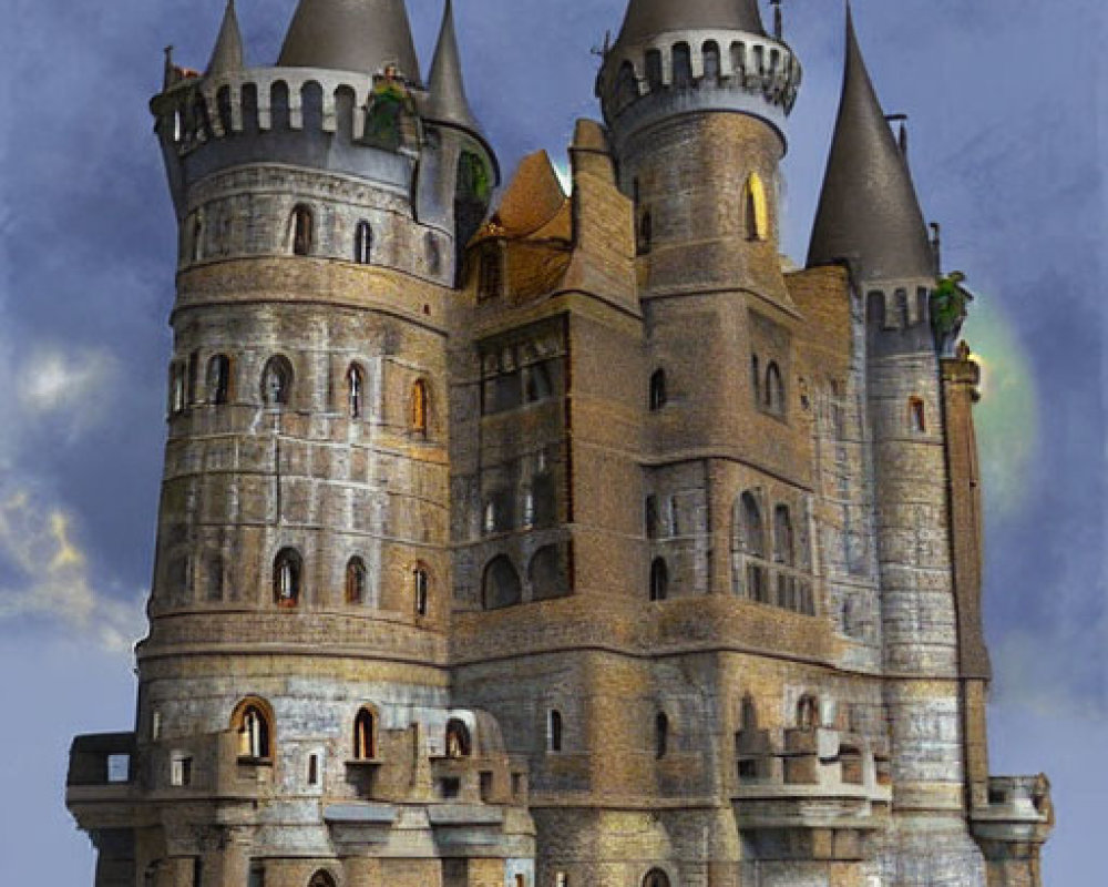 Digitally created castle with towers and arched windows against cloudy sky