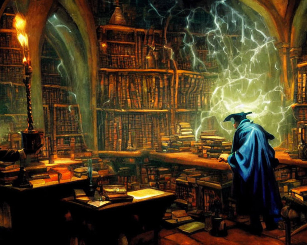 Blue Cloaked Wizard Studies Ancient Tomes in Mystical Library