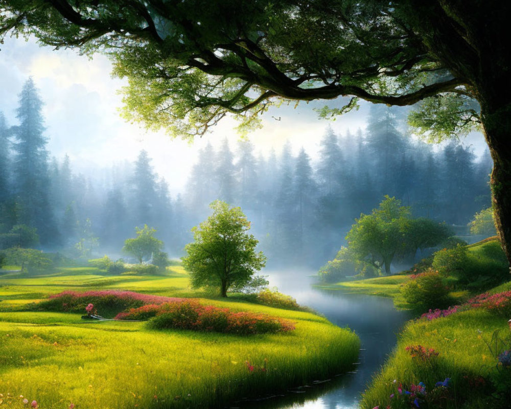 Tranquil landscape with stream, greenery, flowers, and foggy forest.