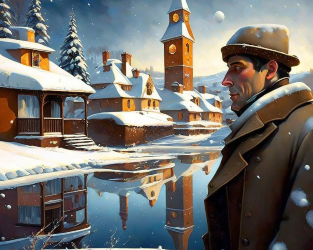 Man in winter coat gazes at snowy village with clock tower in twilight scene