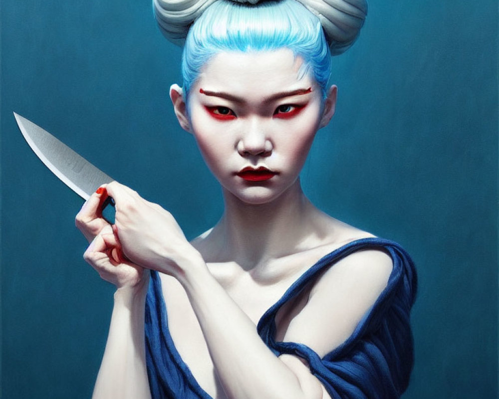 Woman with Red Eyes and Blue Hair Holding Knife