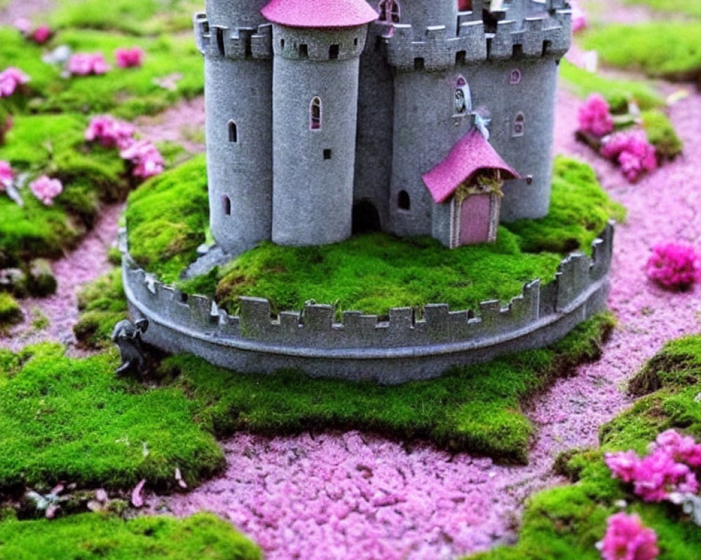 Miniature stone castle with pink roofs in mossy garden with pink flowers