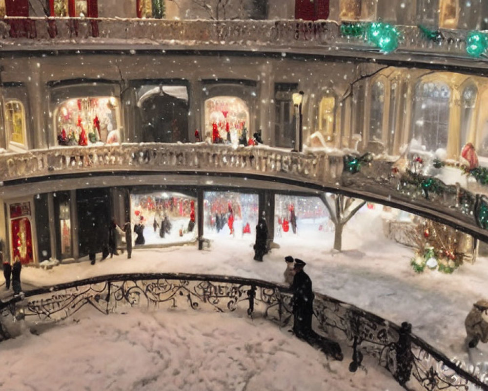 Ornate multi-level shopping arcade with Christmas decorations and snow-covered bustling atmosphere