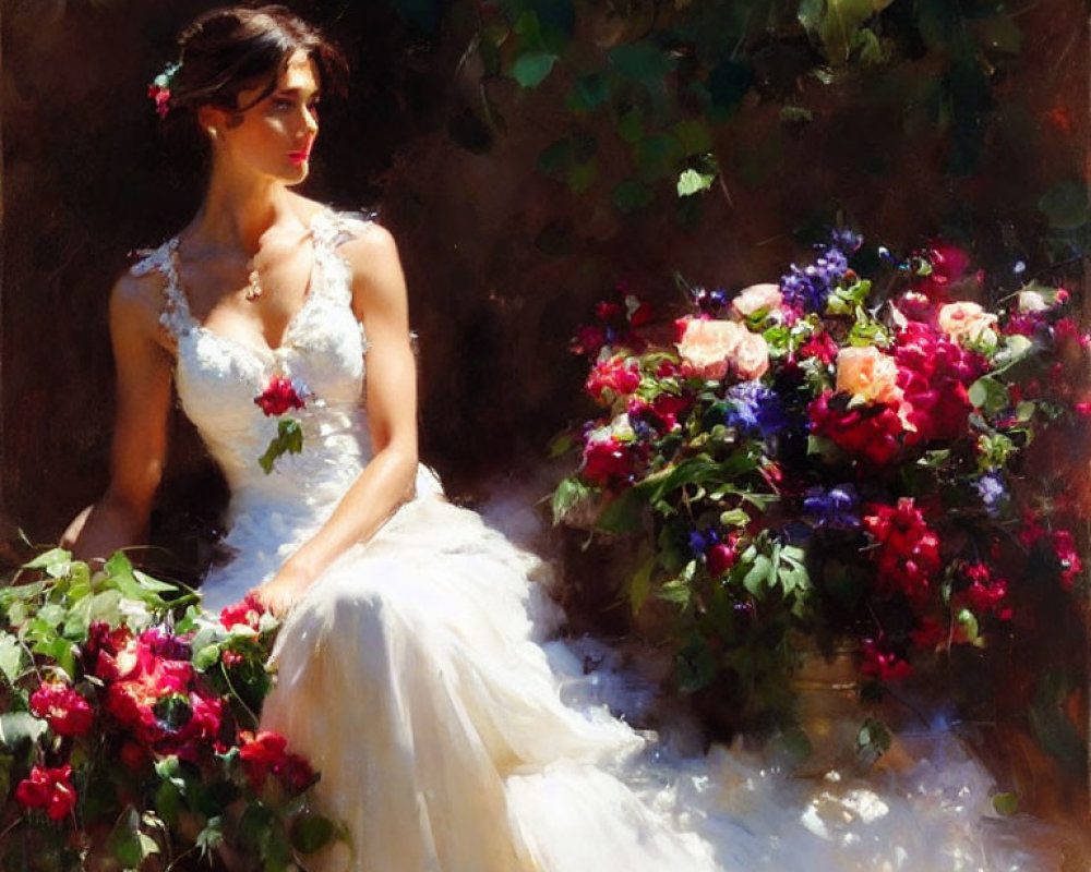 Bride in white gown with bouquet in sunlight