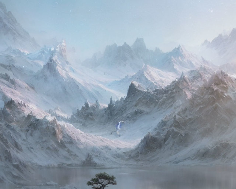 Snow-covered mountains, frozen lake, lone tree: serene starlit landscape