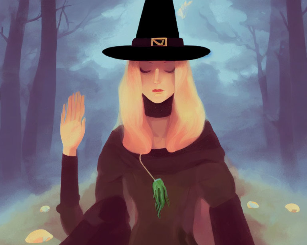 Blonde witch in black outfit and hat in misty forest with glowing mushrooms and green leaf