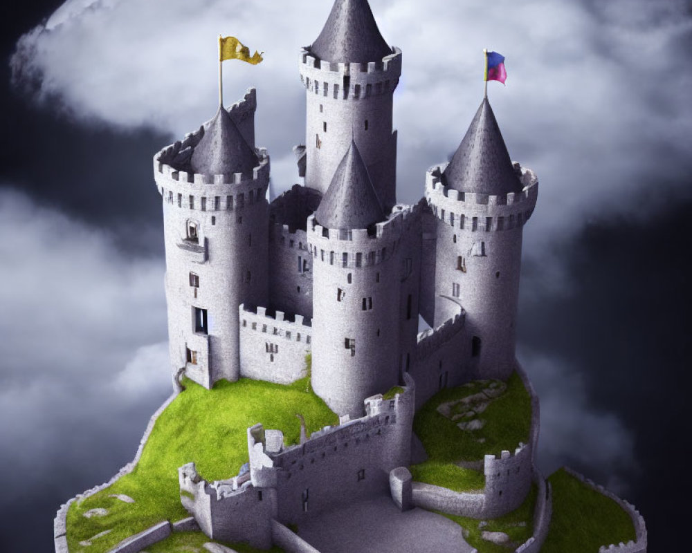 Detailed miniature castle on grassy mound with flags, surreal cloudy background