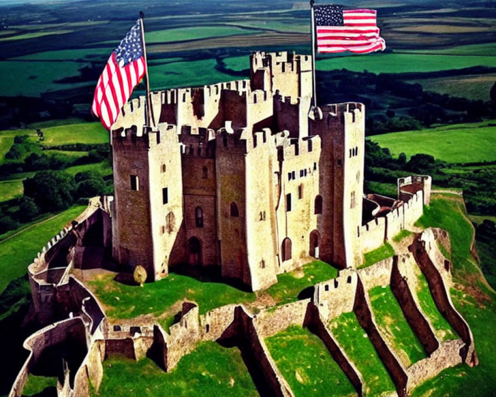 Medieval castle with American flags in green fields