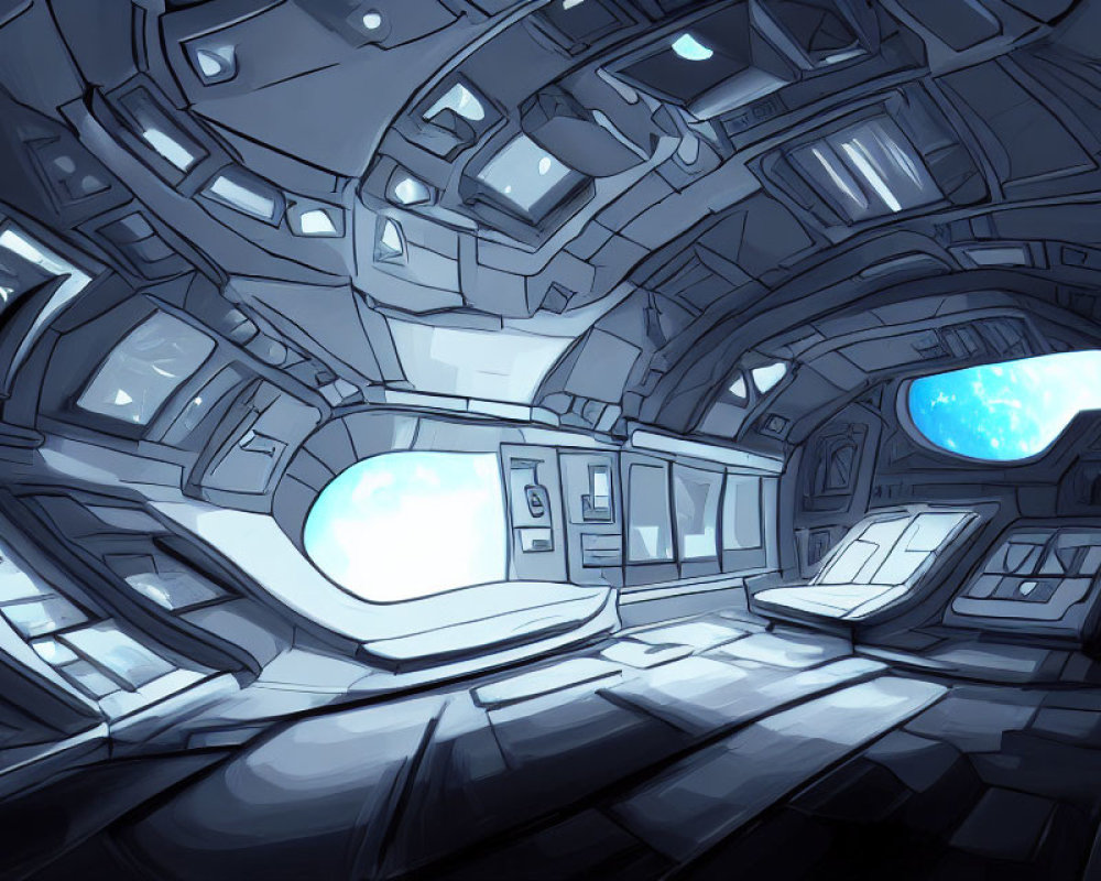 Futuristic spacecraft interior with central bed and control panels