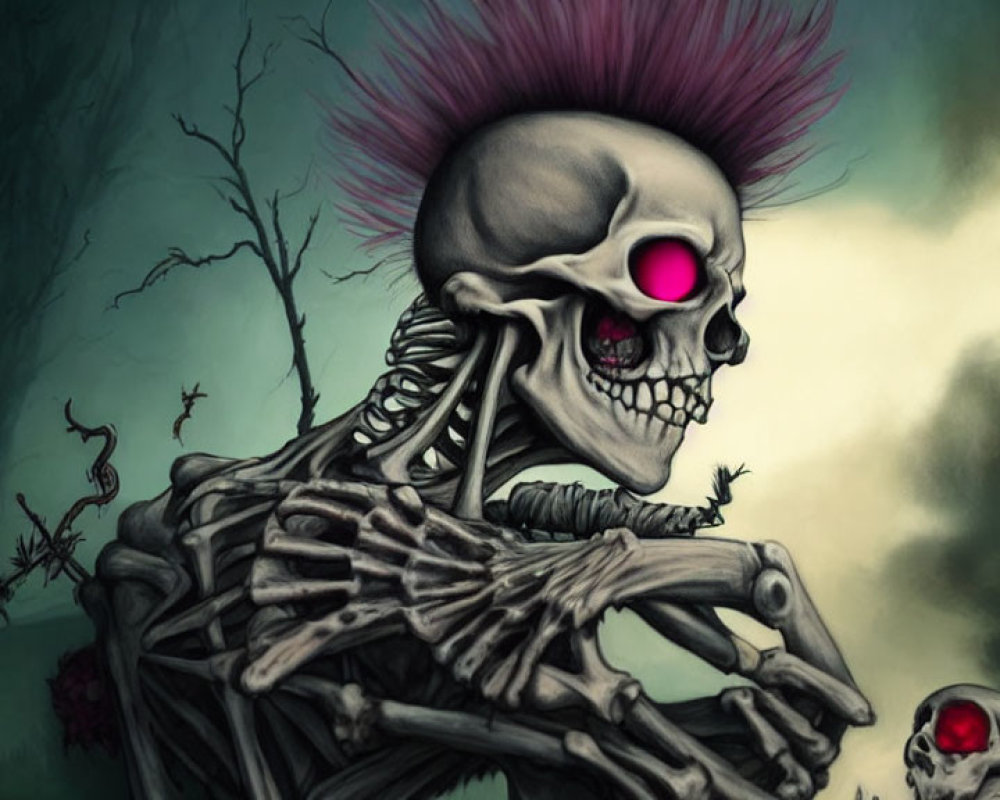 Skeletal figure with punk hairstyle and glowing pink eye holding skull in dark, creepy background
