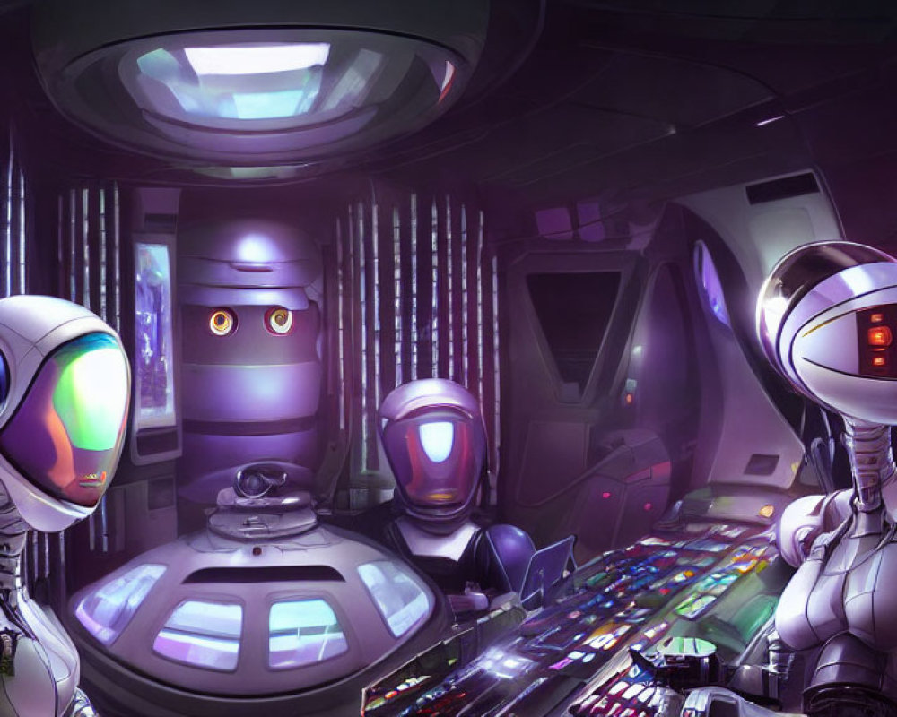 Futuristic robots with expressive eyes in high-tech spaceship cockpit
