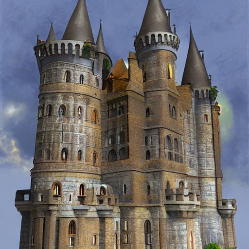 Digitally created castle with towers and arched windows against cloudy sky