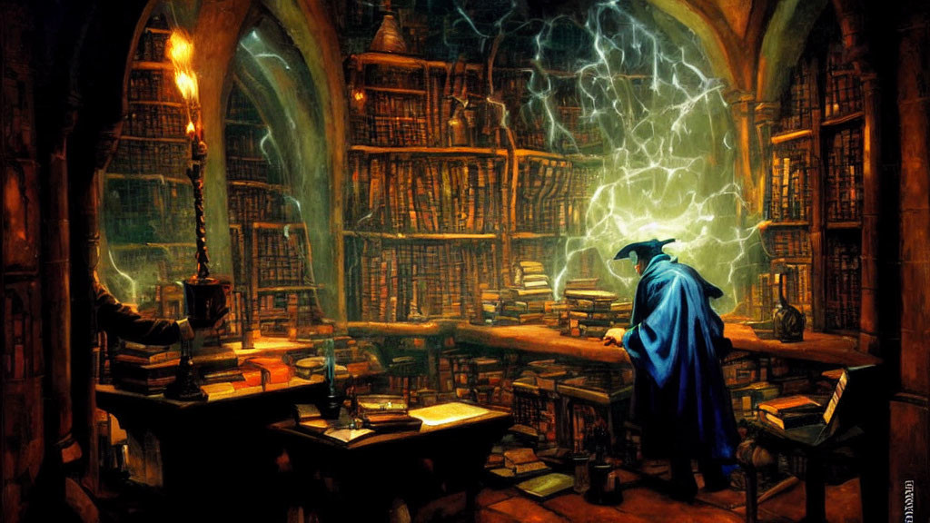 Blue Cloaked Wizard Studies Ancient Tomes in Mystical Library
