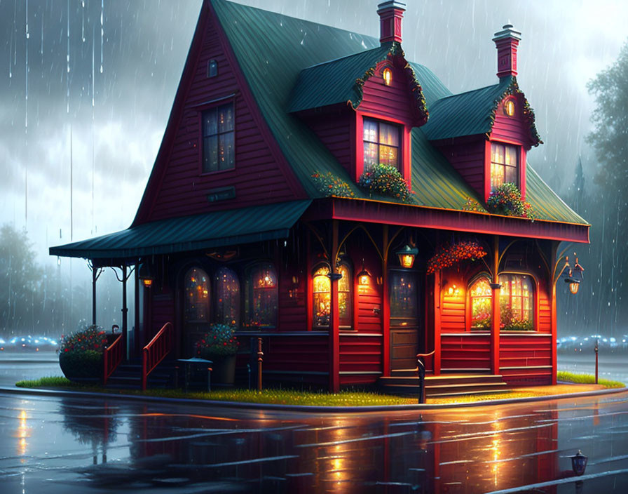 Red two-story house with glowing windows in rainy twilight scene