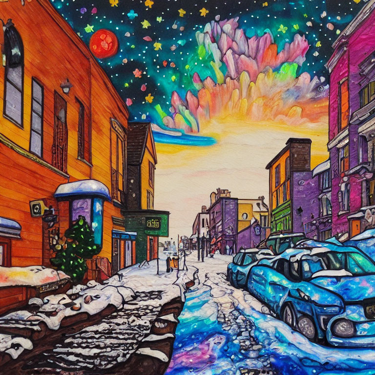 Twilight town street scene with snow, red moon, and stars