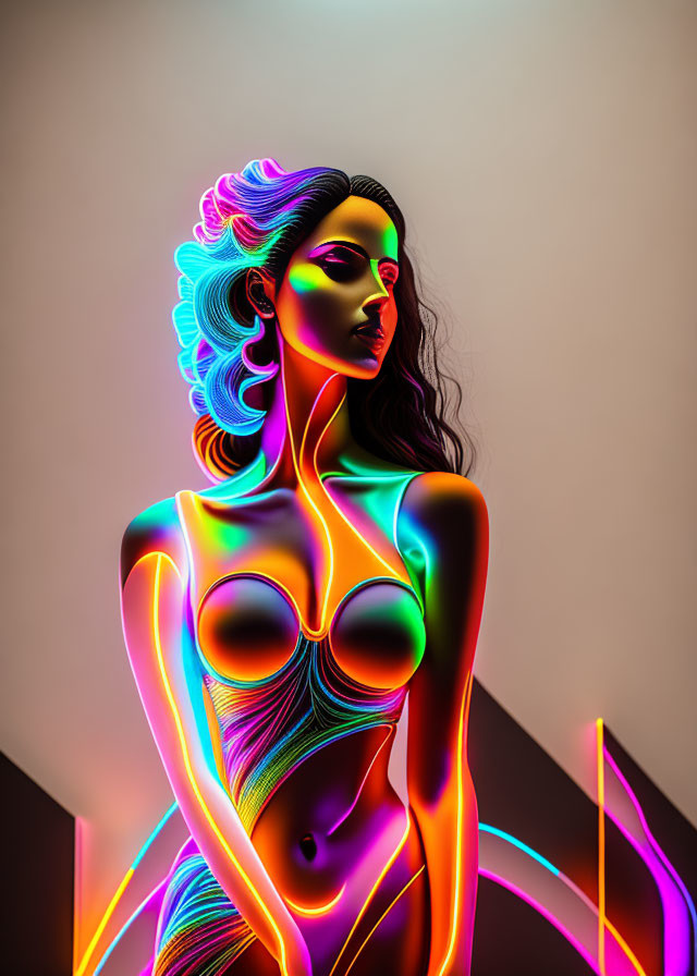 Vibrant neon-lit artwork of stylized woman with flowing hair