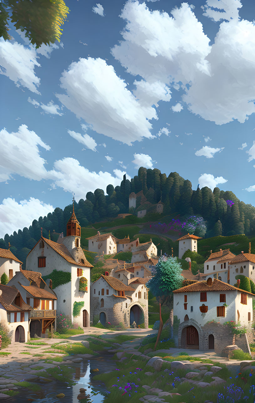 Sunny village scene with charming houses, church spire, lush trees, and serene stream