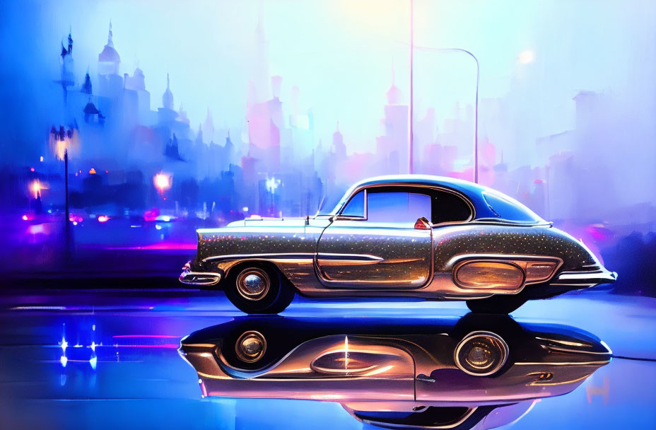 Vintage Car with Futuristic Modifications Reflecting Neon Cityscape