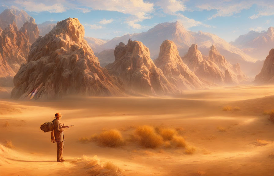 Traveler with staff and backpack in vast desert pointing towards misty mountains under golden sky