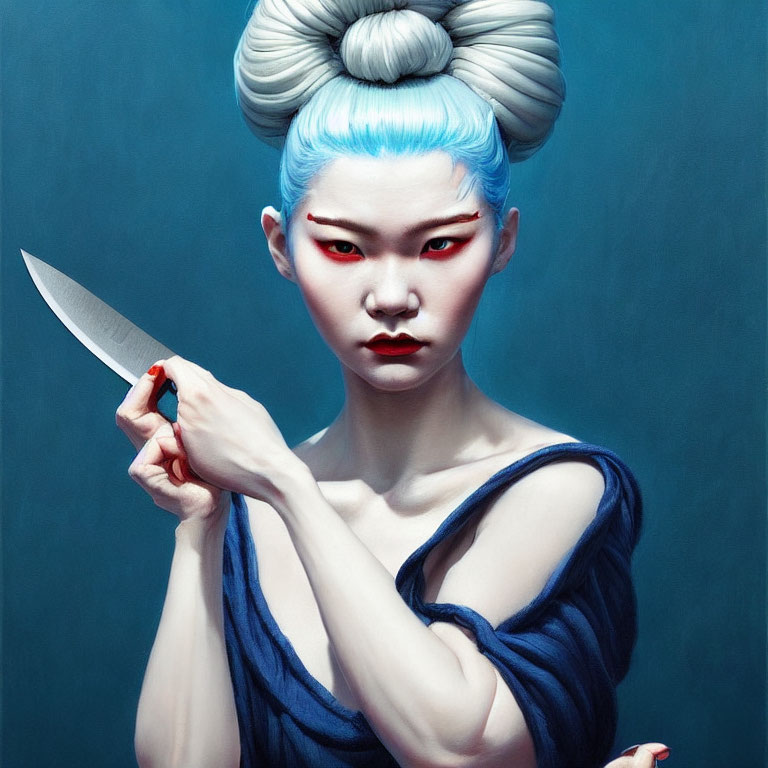 Woman with Red Eyes and Blue Hair Holding Knife