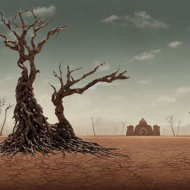 Desolate landscape with leafless trees and distant ruins under hazy sky