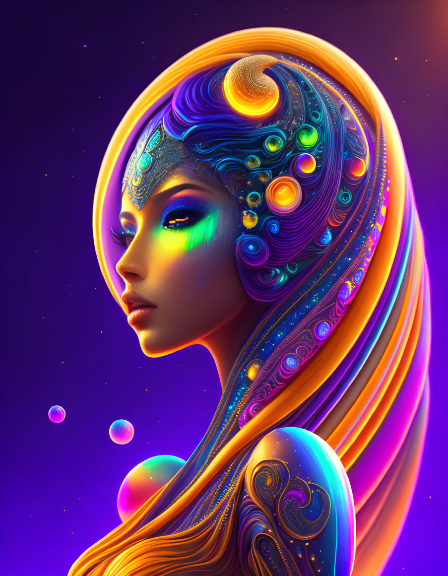 Digital artwork of female figure with flowing hair in ornate patterns on purple background