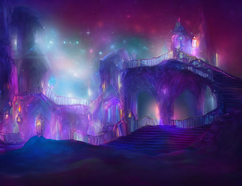 Fantastical castle with glowing windows under starry night sky and vibrant purple and pink hues