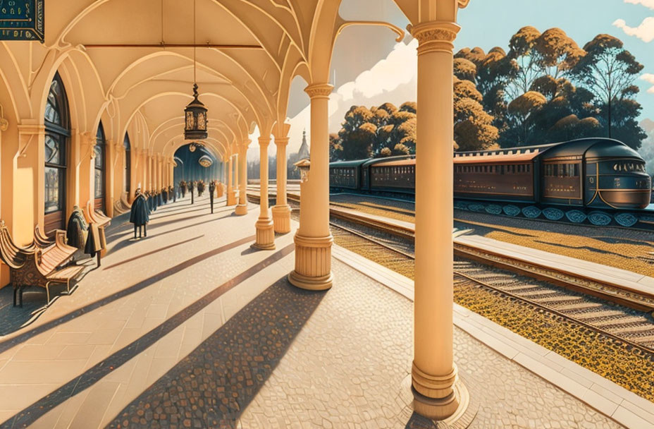 Vintage train station with yellow arched columns, ornate lamps, mosaic flooring, and passengers.