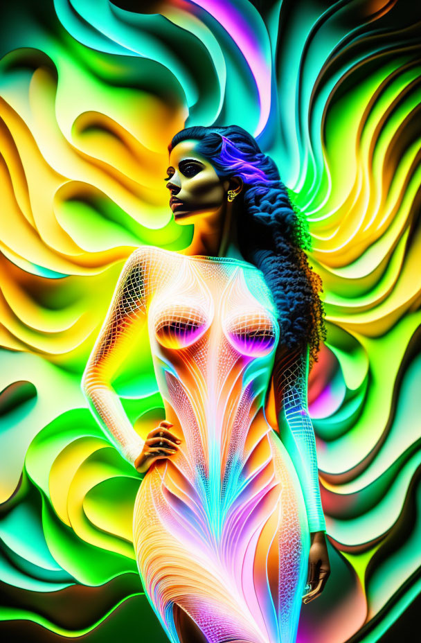 Colorful Neon Background Enhances Woman in Digital Art