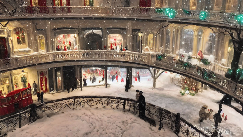Ornate multi-level shopping arcade with Christmas decorations and snow-covered bustling atmosphere